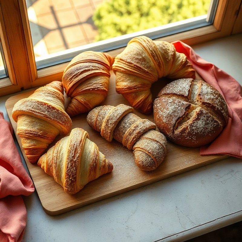 Flat-lay of artisan pastries, croissants and a seeded rye loaf on a wooden board