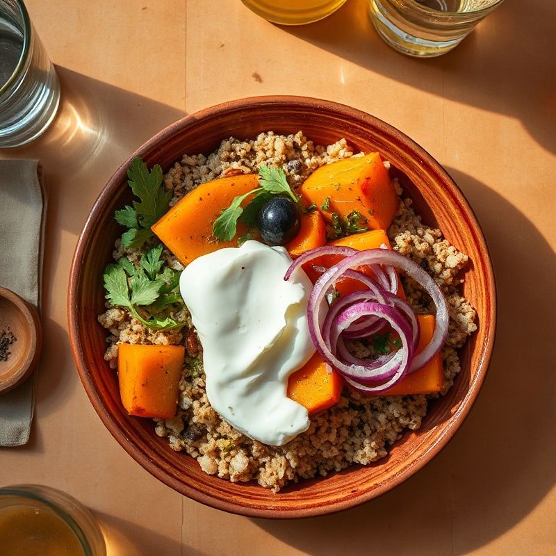 Grain bowl with freekeh, roasted butternut and labneh on a terracotta plate